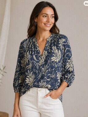 H&M Navy and White Floral V-Neck Blouse